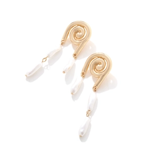 Elegant gold spiral earrings with baroque pearls in a unique geometric drop design