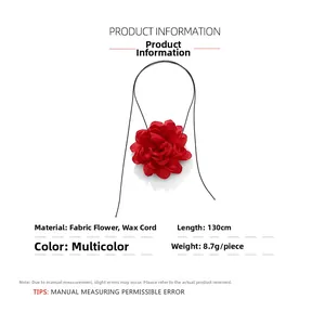 Detail of red fabric flower choker necklace with long black wax rope dimensions and weight