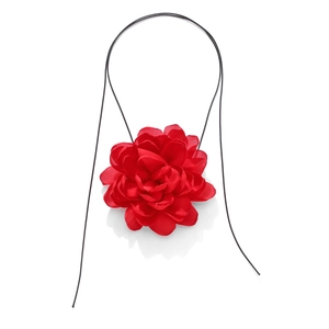 Exaggerated handmade red fabric flower choker necklace with slim black cord for women