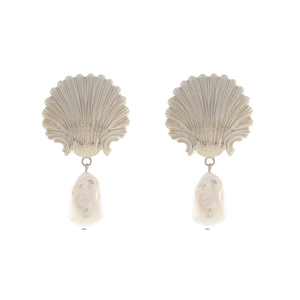 Silver shell-shaped alloy earrings with white baroque pearl pendants on white background