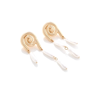 Detail of gold spiral drop earrings featuring three white baroque pearls in elegant design