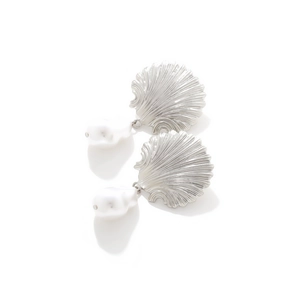 Baroque pearl drop earrings with silver scallop shell stud in elegant ocean style