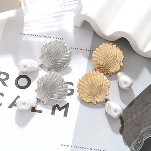 Baroque pearl drop earrings with scalloped shell metal stud in gold and silver finish