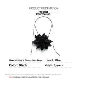 Detail of 130cm black fabric floral necklace with multi-layered gauze petals and wax rope