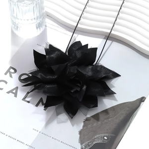 Handmade oversized black fabric flower choker necklace with adjustable silk-like petals