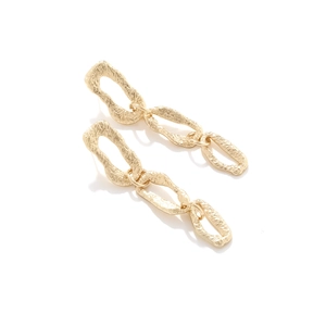 Detail of gold layered geometric earrings featuring a hammered texture and vintage finish