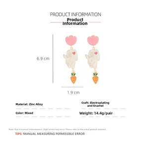 Detailed dimensions and specs of rabbit and flower earrings with enamel finish