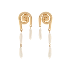 Elegant gold spiral metal earrings with asymmetrical baroque pearl drops for women