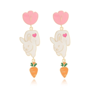 Cute colorful enamel rabbit earrings with pink flower and carrot charms on white background
