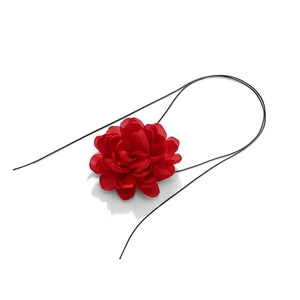 Exaggerated large red fabric flower choker necklace with long black string ties