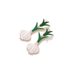 Creative enamel garlic drop earrings with green and white finish and golden metal edges