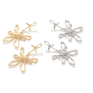 Detail shot of hollow metal flower earrings in polished gold and silver finishes