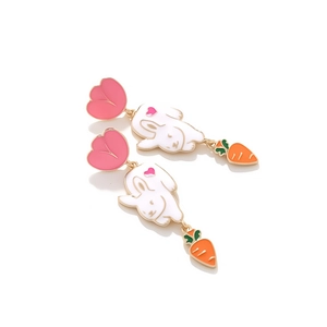Cute enamel flower rabbit and carrot drop earrings in gold plating for women