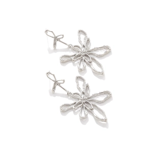 Artistic silver hollowed flower earrings with oversized metallic petals in liquid style