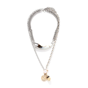 Vintage Layered Necklace With Marble Texture Resin Horn Alloy Coin And Imitation Artificial Pearl Pendant For Women Bohemian Style