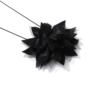 Dramatic layered black fabric flower choker necklace with adjustable mesh petals
