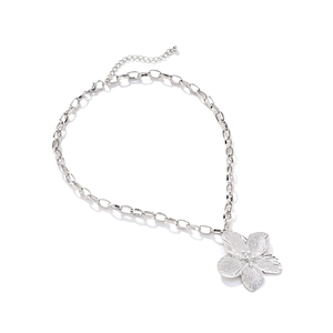 Silver alloy flower pendant necklace with radial brushed texture and adjustable chain