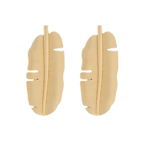 Golden oversized tropical leaf earrings with detailed vein texture in naturalist style
