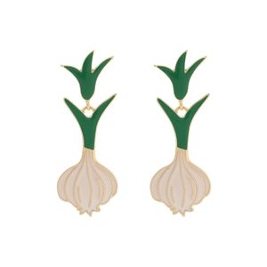 Creative white garlic enamel dangle earrings with green stem and golden alloy finish