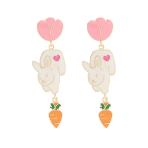 Cute enamel bunny and carrot drop earrings with pink tulip flowers on white background