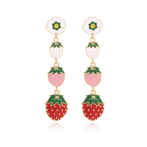 Boucles D Oreilles Pendantes Fraise Fleur Doux Dégradé Fruits Émail Alliage Bijoux Pour Femmes Filles Style Pastoral