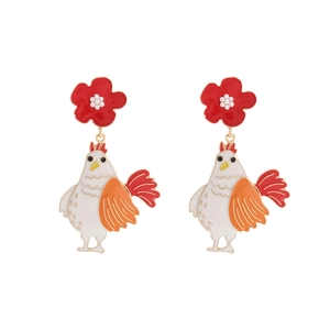 Pendientes Colgantes De Gallo Y Flores Para Mujer Joyería De Esmalte De Aleación De Zinc Con Perlas Artificiales De Imitación