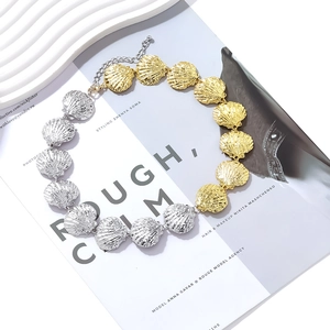 Ocean style two-tone shell necklace in gold and silver finish on a fashion magazine