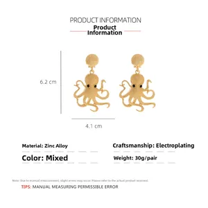 Detailed size and material info for enamel octopus earrings with shell detail and rhinestones