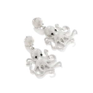 Detailed silver octopus pendant earrings with shell studs and enamel crystal accents