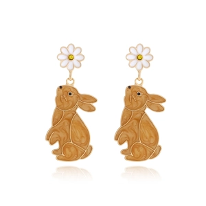 Cute bunny earrings with brown enamel finish and white daisy flower studs for women