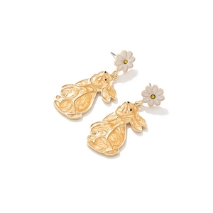 Cute enamel rabbit earrings with daisy flowers in gold finish for women