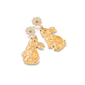 Cute bunny enamel earrings with white daisy studs and golden marble rabbit pendant