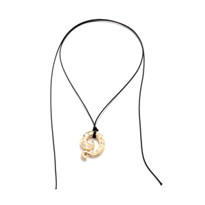 Vintage gold hammer textured spiral snake pendant on adjustable black cord necklace