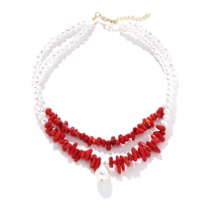 Bijoux Collier Et Bracelet Multi Rangs Fausse Künstliche Perle Pierre Corail Rouge Pendentif Künstliche Perle Baroque Fait Main Femme