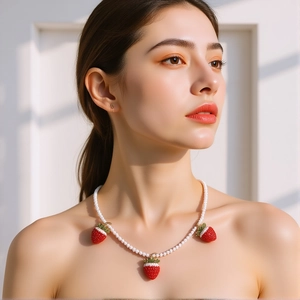 Strawberry Pendant Beaded Necklace Imitation Artificial Pearl Alloy Enamel Fruit Jewelry Sweet Clavicle Chain For Women