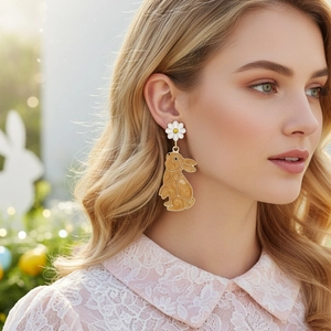 Enamel Rabbit Dangle Earrings With White Daisy Flower Zinc Alloy Jewelry For Women Girls Cute Animal Style