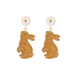 Cute enamel rabbit earrings with white daisy flower stud and golden drop pendants