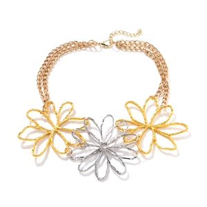 Minimalist double-layer gold chain necklace with large gold and silver hollow flower charms