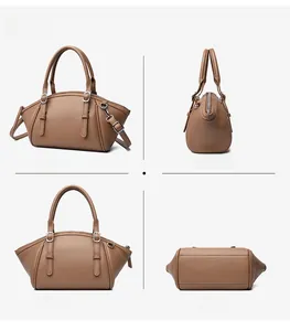 Vue détaillée sous quatre angles d'un sac à main marron en cuir à grain de litchi