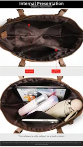 Détail intérieur du cabas en cuir marron montrant les compartiments spacieux et poches