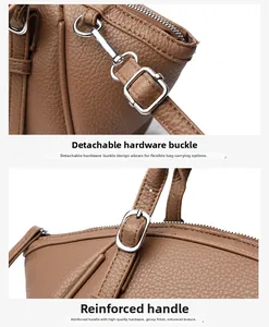 Détail de la texture cuir grainé marron avec crochets métalliques et poignée renforcée