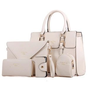 Ensemble 5 pièces de sacs à main blanc crème texturé avec cabas, pochette et portefeuilles