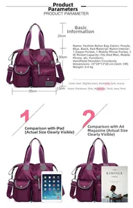 Size comparison of purple nylon travel bag next to an iPad and an A4 magazine