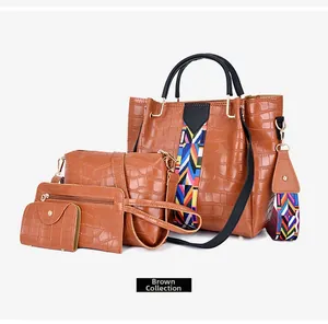 Detail view of 4-piece brown crocodile pattern tote bag set with wide woven strap