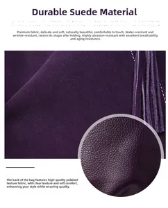 Detail of waterproof matte leather with fringe and lychee grain texture on purple handbag