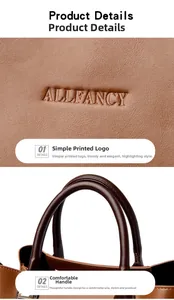 Dettaglio borsa in pelle marrone a grana con logo in rilievo e manici resistenti