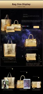 Detailed size chart for golden embossed PU leather 3-piece handbag set with dimensions