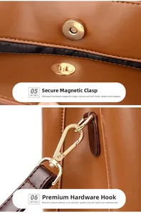 Dettagli della fibbia magnetica e dei ganci in metallo dorato della borsa in pelle