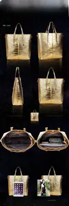 Three-piece gold embossed tote set with textured finish and spacious interior pockets