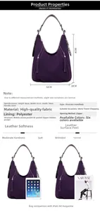 Detailed size specifications for purple oversized faux suede handbag with tassel accents